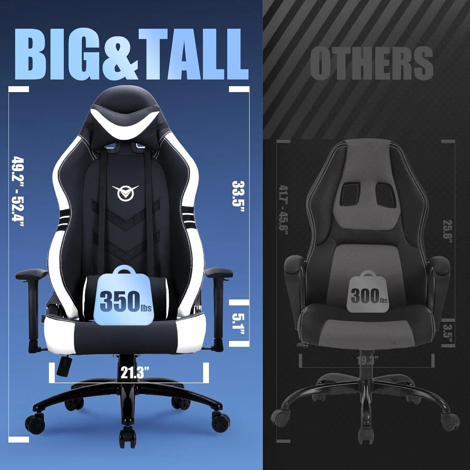 Big and Tall Gaming Chair 350lbs-Racing Computer Gamer Chair,Ergonomic Desk Office PC Chair with Wide Seat, Reclining Back, Adjustable Armrest for Adult Teens-Black/White
