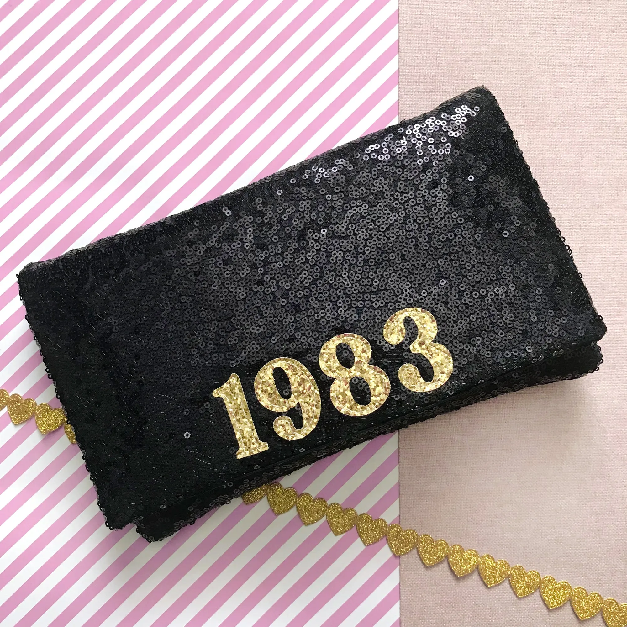 Birthday year personalised gift sequin clutch handbag