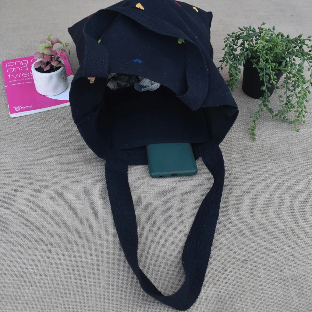 Black canvas tote bag with map design embroidery