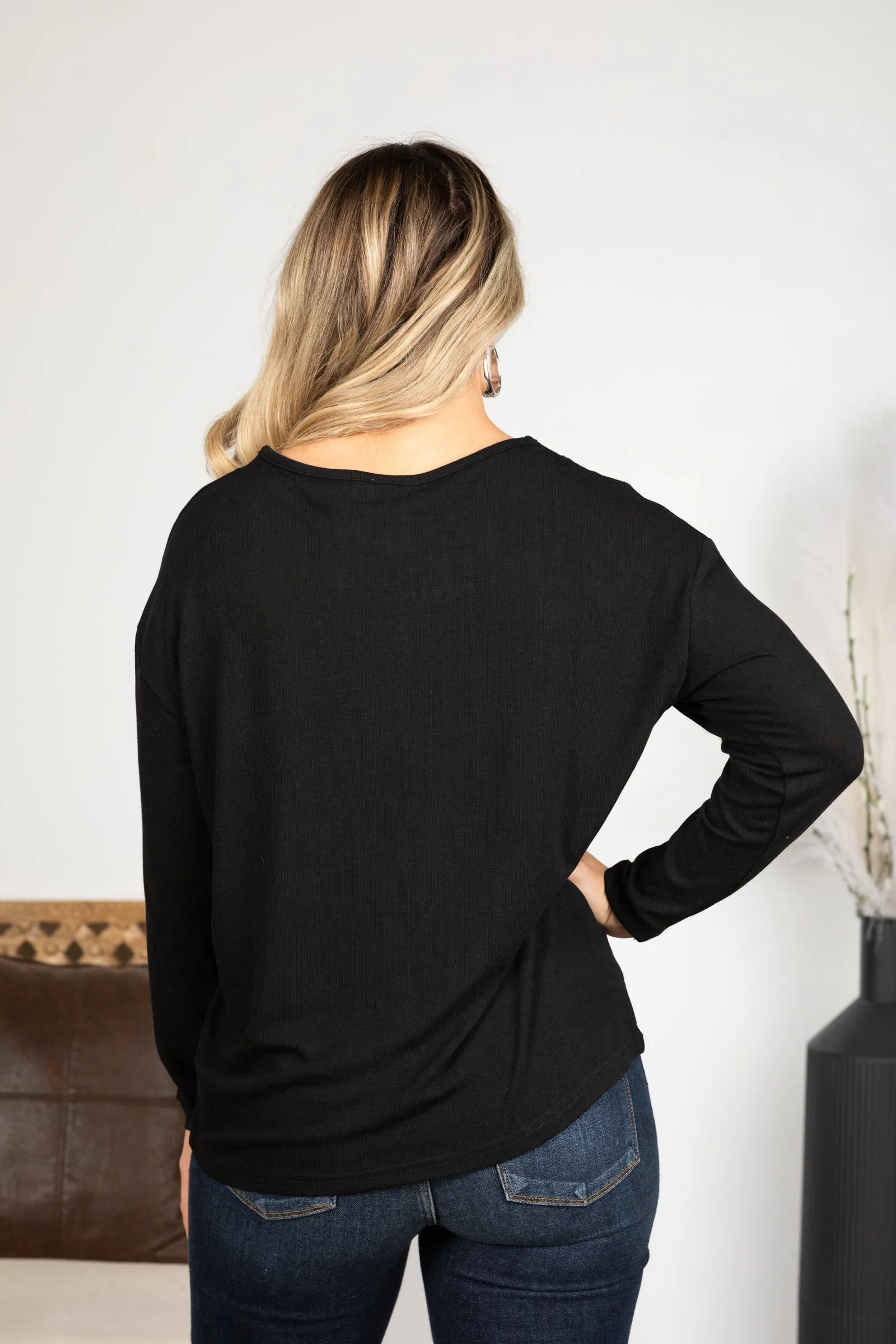 Black Long Sleeve Knit Top With Stones