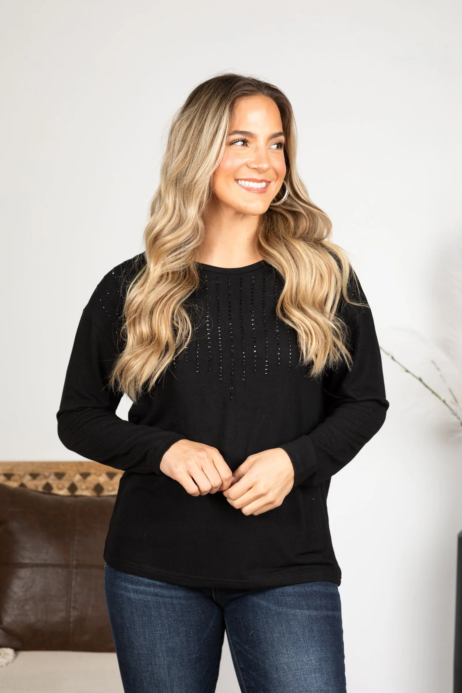 Black Long Sleeve Knit Top With Stones