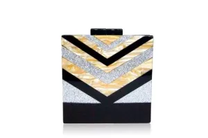 Black V Strip Silver Glitter Box Clutch