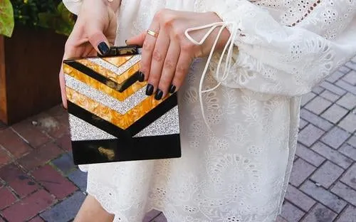 Black V Strip Silver Glitter Box Clutch