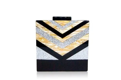 Black V Strip Silver Glitter Box Clutch