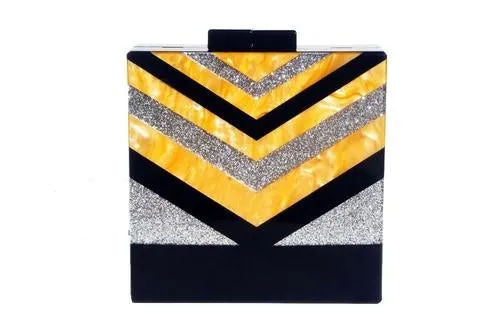 Black V Strip Silver Glitter Box Clutch