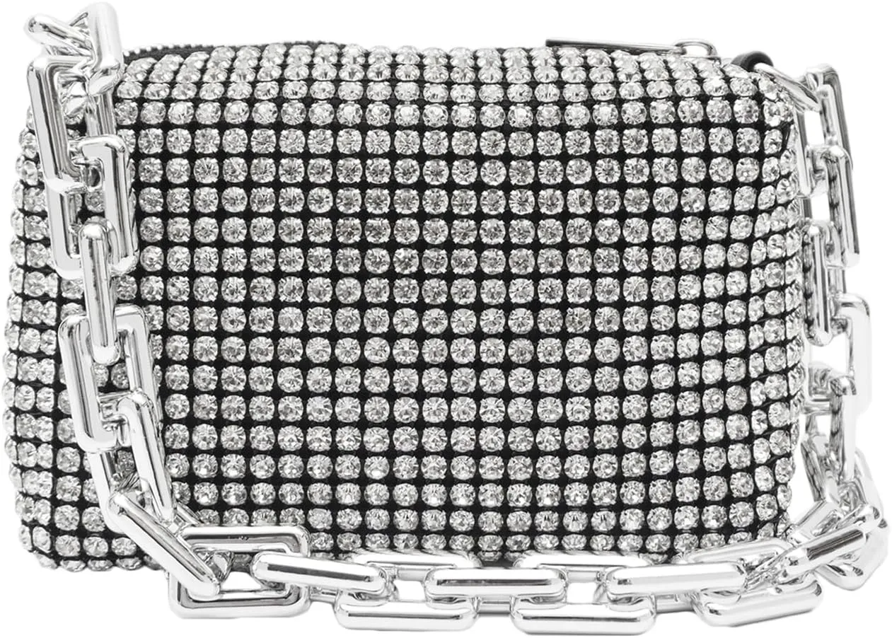 Bling Crystals Evening Clutch Bag for Women Silver Rhinestone Handbag Bridal Wedding Purse Sparkling Shoulder Bag