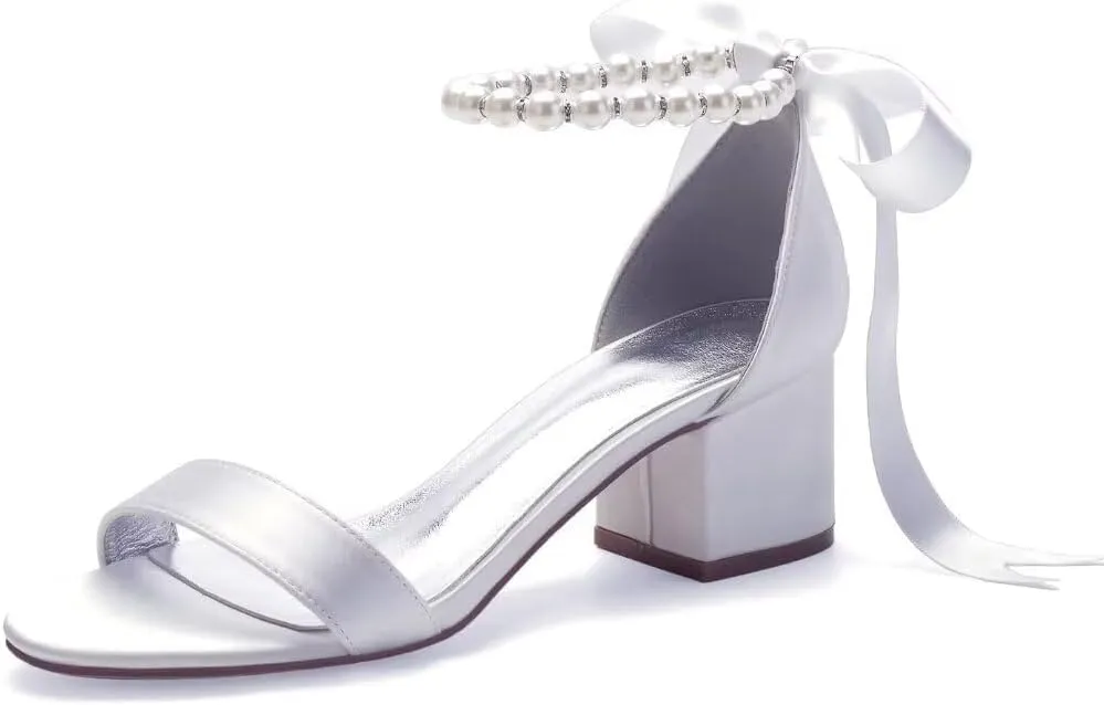 Block Heel Bridal Shoes Open Toe Pearl Heels Wedding Shoes for Bride Wedding Sandals Bride Heels