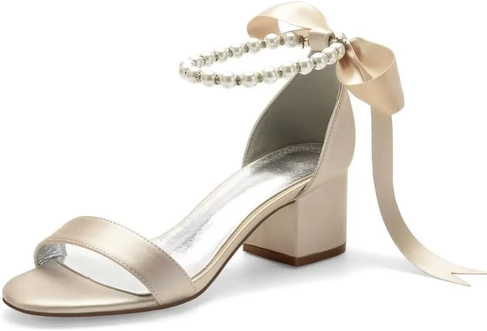 Block Heel Bridal Shoes Open Toe Pearl Heels Wedding Shoes for Bride Wedding Sandals Bride Heels