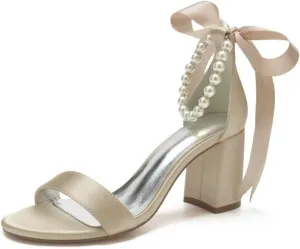 Block Heel Bridal Shoes Open Toe Pearl Heels Wedding Shoes for Bride Wedding Sandals Bride Heels