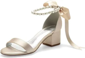 Block Heel Bridal Shoes Open Toe Pearl Heels Wedding Shoes for Bride Wedding Sandals Bride Heels