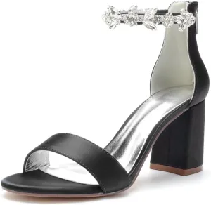 Block Heel Wedding Sandals Open Toe Rhinestones Heeled Sandal Shoes Women Bridal Heels