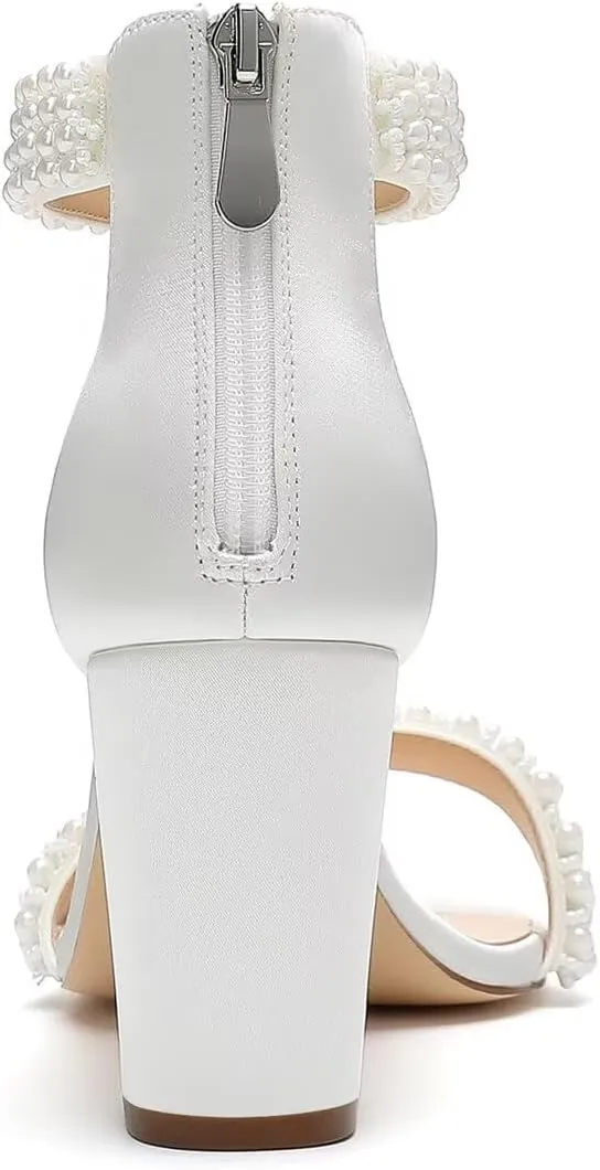 Block Heel Wedding Sandals Pearl Heels Open Toe Wedding Shoes for Bride Bridal Shoes