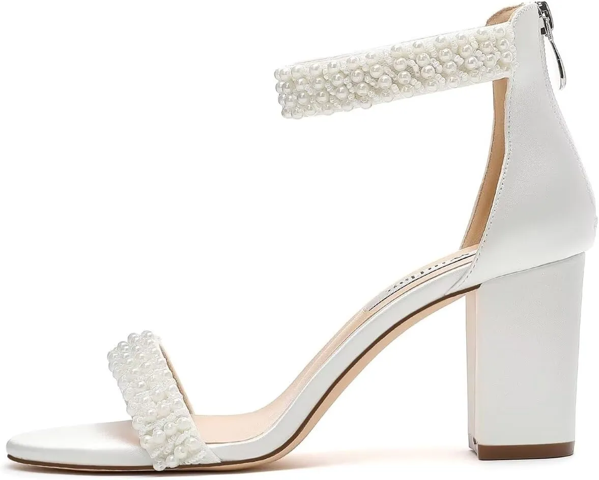 Block Heel Wedding Sandals Pearl Heels Open Toe Wedding Shoes for Bride Bridal Shoes