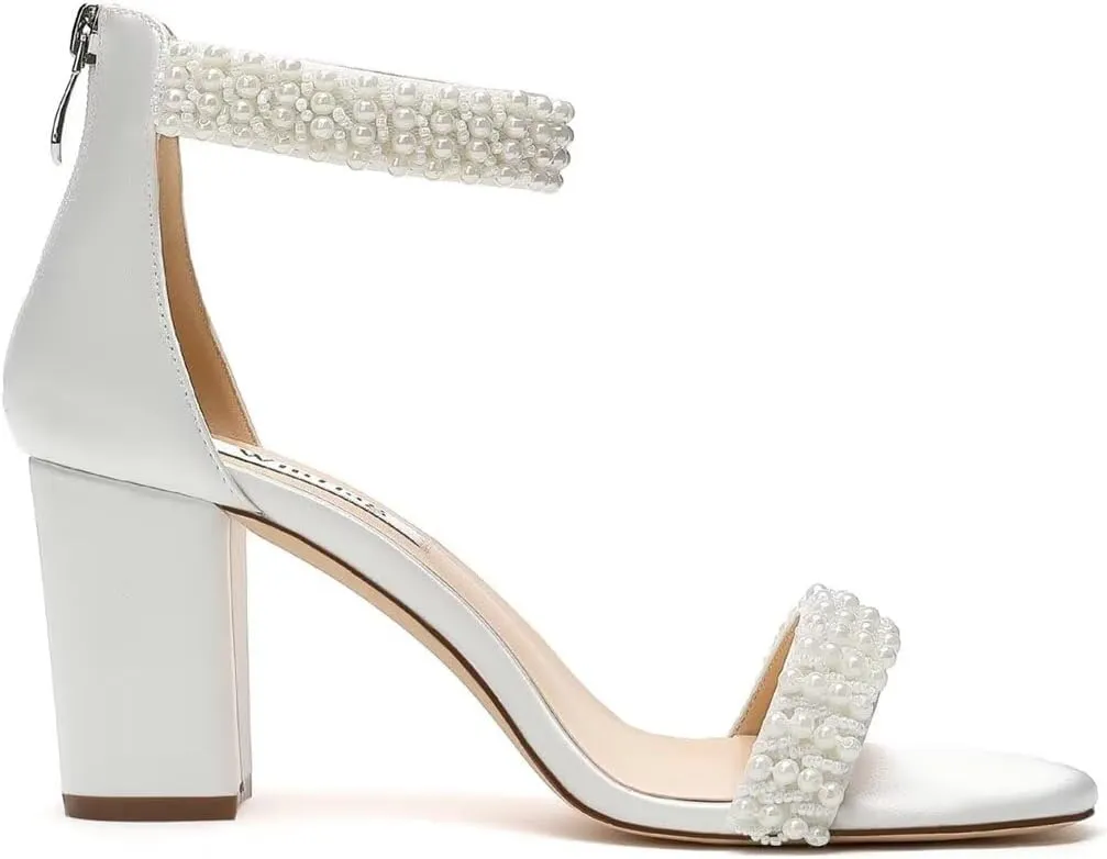 Block Heel Wedding Sandals Pearl Heels Open Toe Wedding Shoes for Bride Bridal Shoes