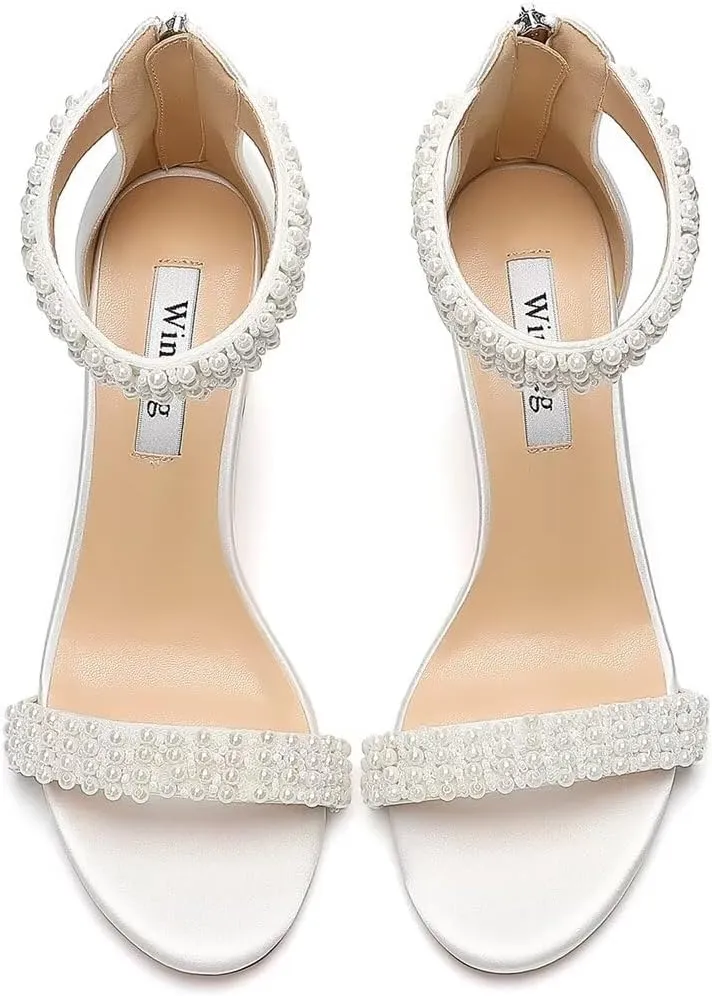 Block Heel Wedding Sandals Pearl Heels Open Toe Wedding Shoes for Bride Bridal Shoes