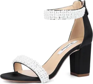 Block Heel Wedding Sandals Pearl Heels Open Toe Wedding Shoes for Bride Bridal Shoes