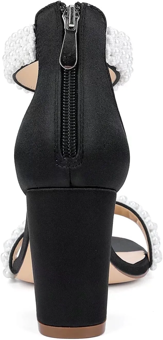 Block Heel Wedding Sandals Pearl Heels Open Toe Wedding Shoes for Bride Bridal Shoes