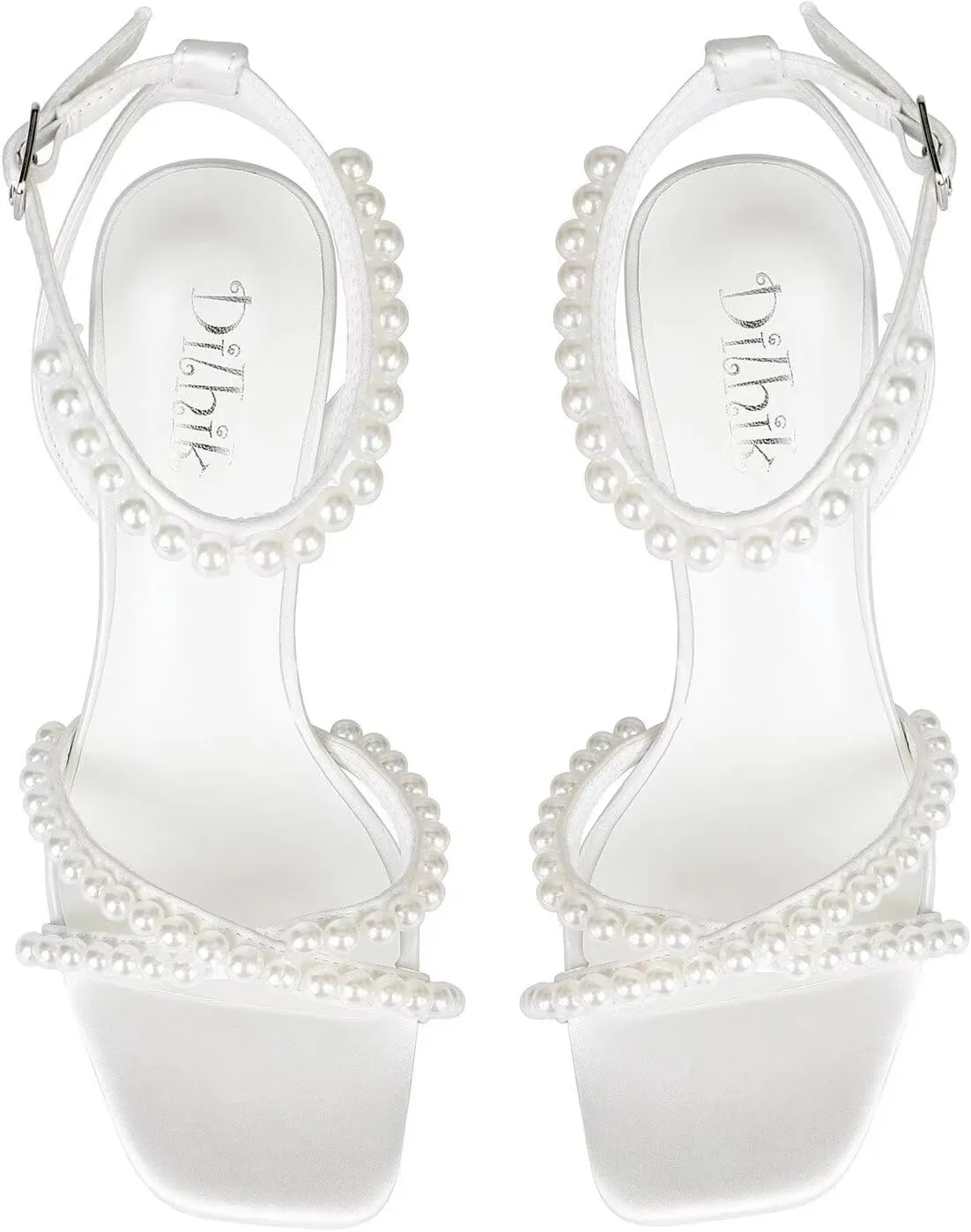 Block Heel Wedding Shoes for Bride Ankle Strap Bridal Shoes Square Toe Heeled Sandals Pearl Heels