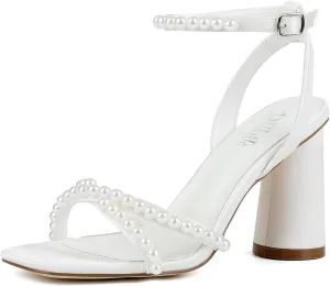 Block Heel Wedding Shoes for Bride Ankle Strap Bridal Shoes Square Toe Heeled Sandals Pearl Heels