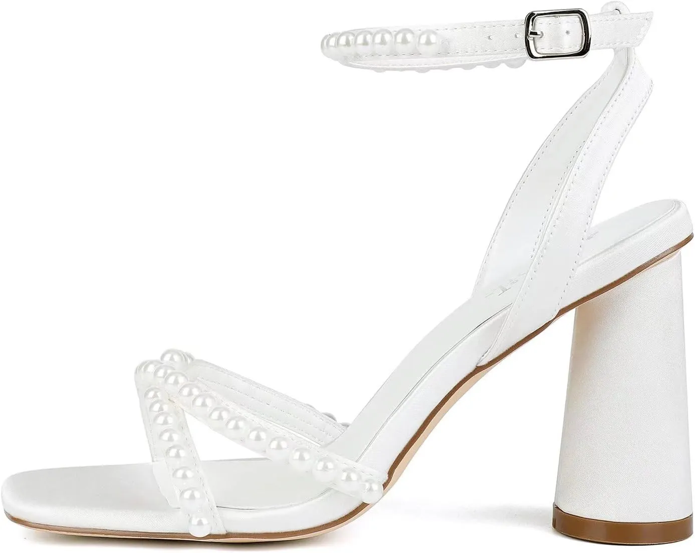 Block Heel Wedding Shoes for Bride Ankle Strap Bridal Shoes Square Toe Heeled Sandals Pearl Heels