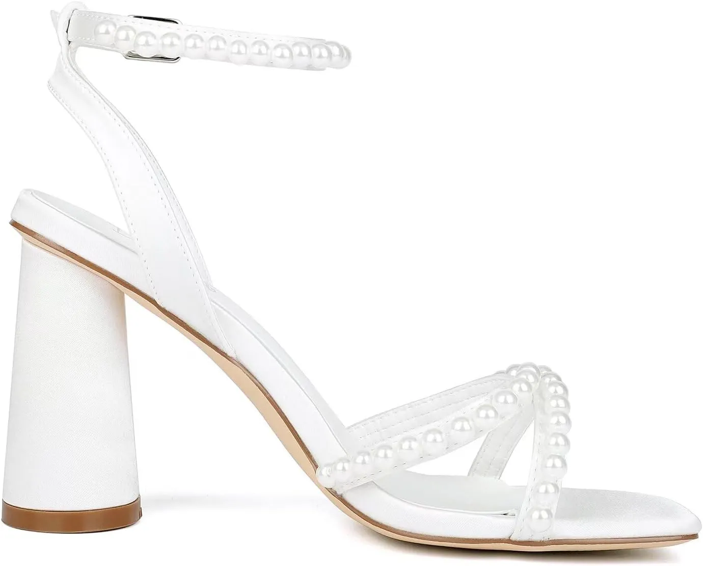 Block Heel Wedding Shoes for Bride Ankle Strap Bridal Shoes Square Toe Heeled Sandals Pearl Heels