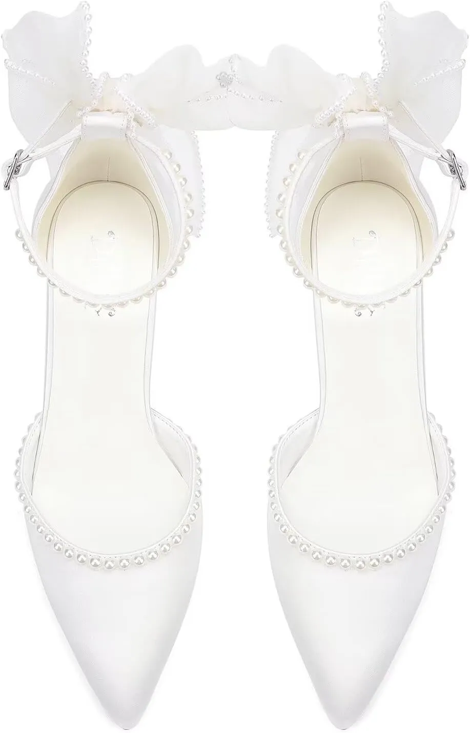 Block Heel Wedding Shoes for Bride Bow Heels Pointed Toe Pearl Bridal Shoes Wedding Heels