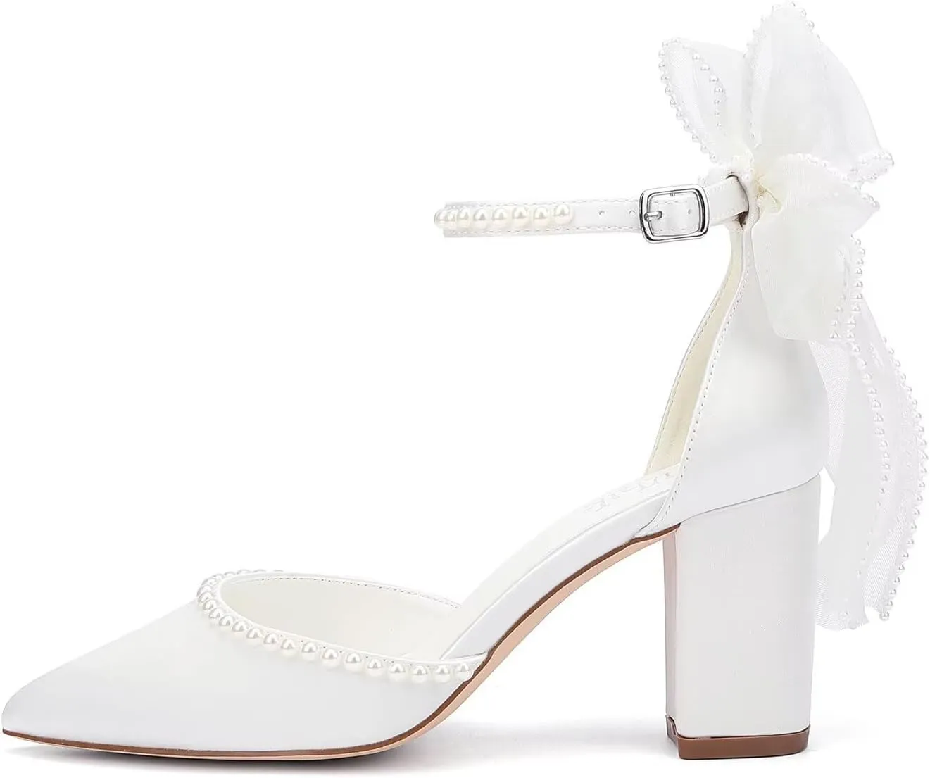 Block Heel Wedding Shoes for Bride Bow Heels Pointed Toe Pearl Bridal Shoes Wedding Heels