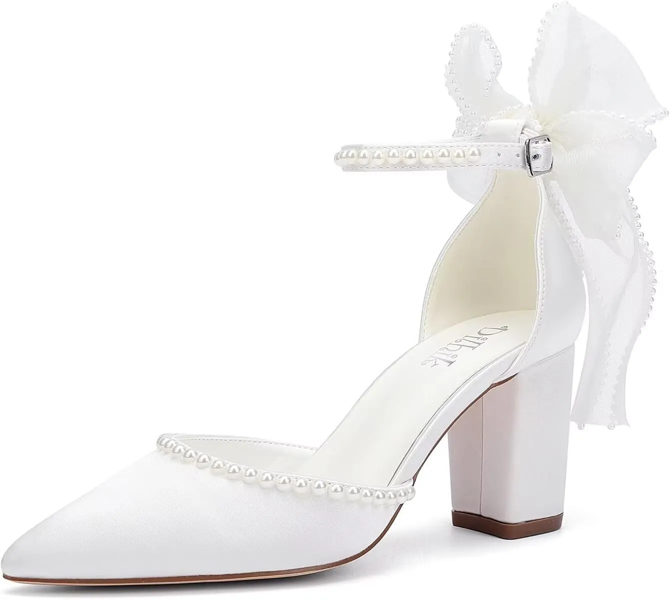 Block Heel Wedding Shoes for Bride Bow Heels Pointed Toe Pearl Bridal Shoes Wedding Heels