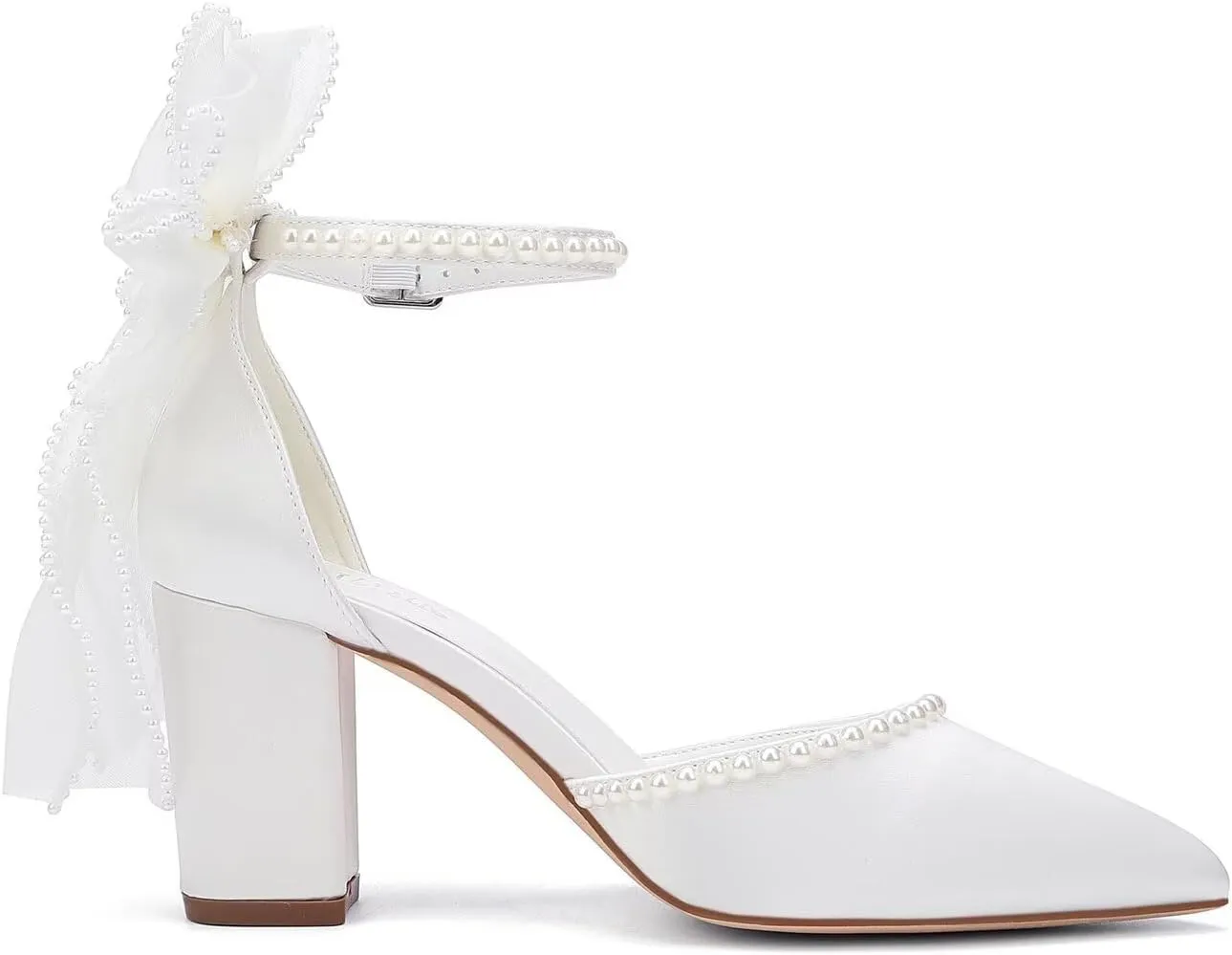 Block Heel Wedding Shoes for Bride Bow Heels Pointed Toe Pearl Bridal Shoes Wedding Heels