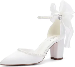 Block Heel Wedding Shoes for Bride Bow Heels Pointed Toe Pearl Bridal Shoes Wedding Heels