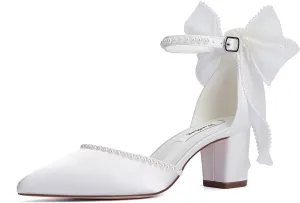 Block Heel Wedding Shoes for Bride Closed Toe Wedding Heels with Bow Pearl Bridal Shoes