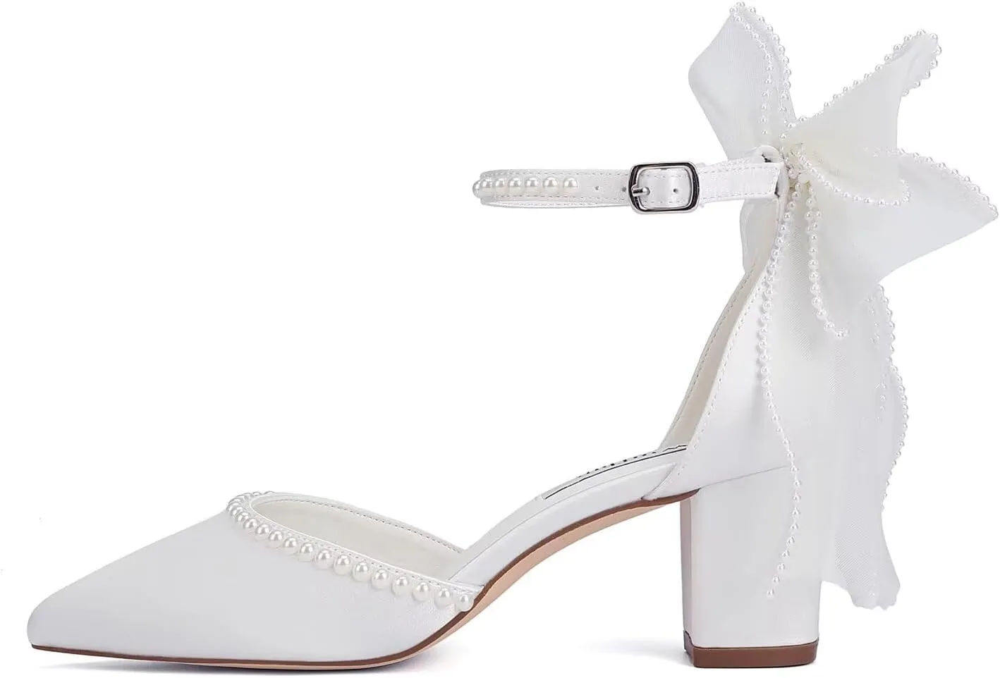 Block Heel Wedding Shoes for Bride Closed Toe Wedding Heels with Bow Pearl Bridal Shoes