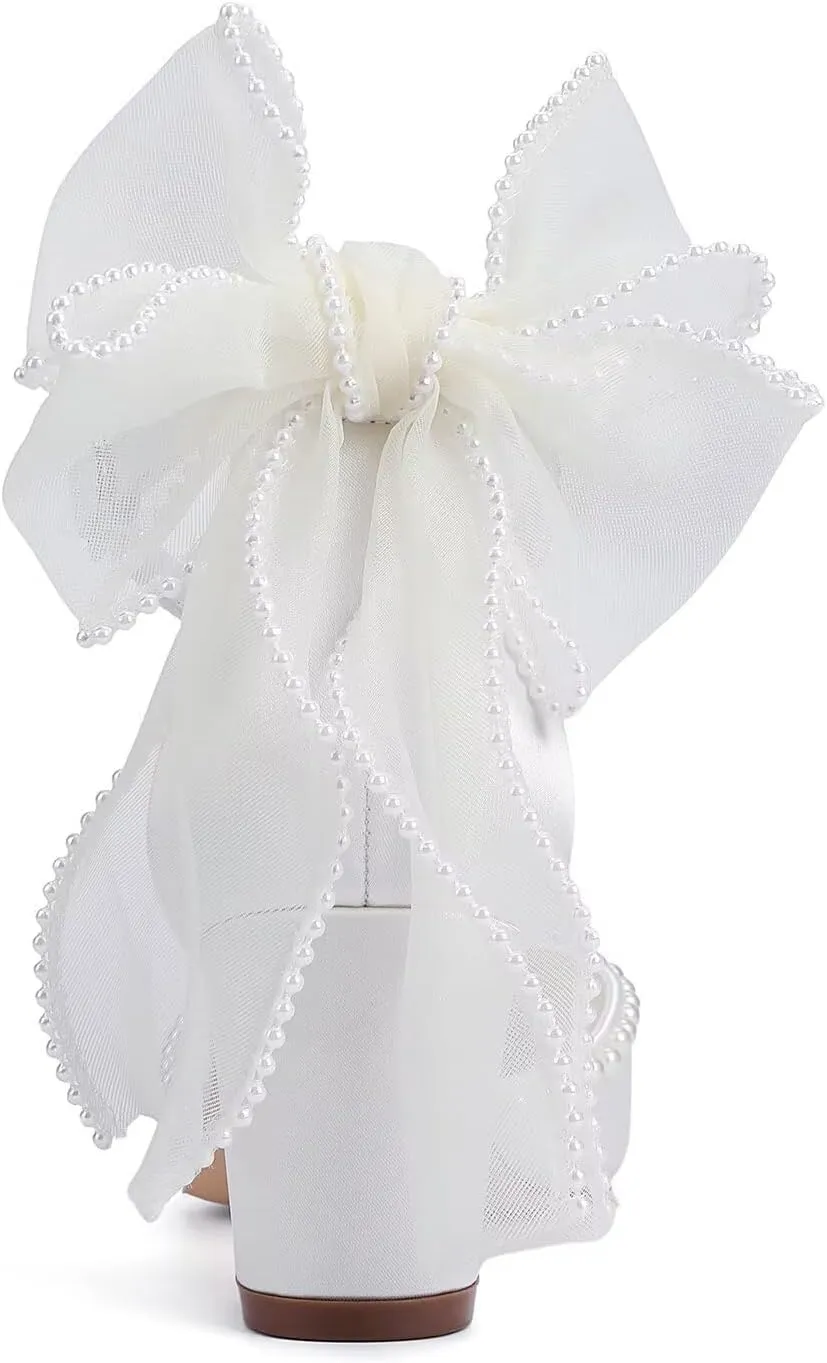 Block Heel Wedding Shoes for Bride Closed Toe Wedding Heels with Bow Pearl Bridal Shoes