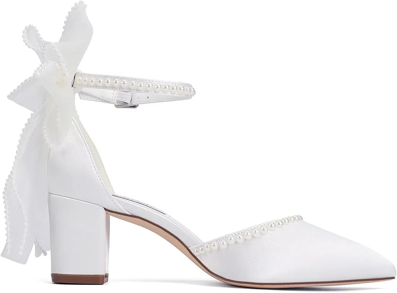 Block Heel Wedding Shoes for Bride Closed Toe Wedding Heels with Bow Pearl Bridal Shoes