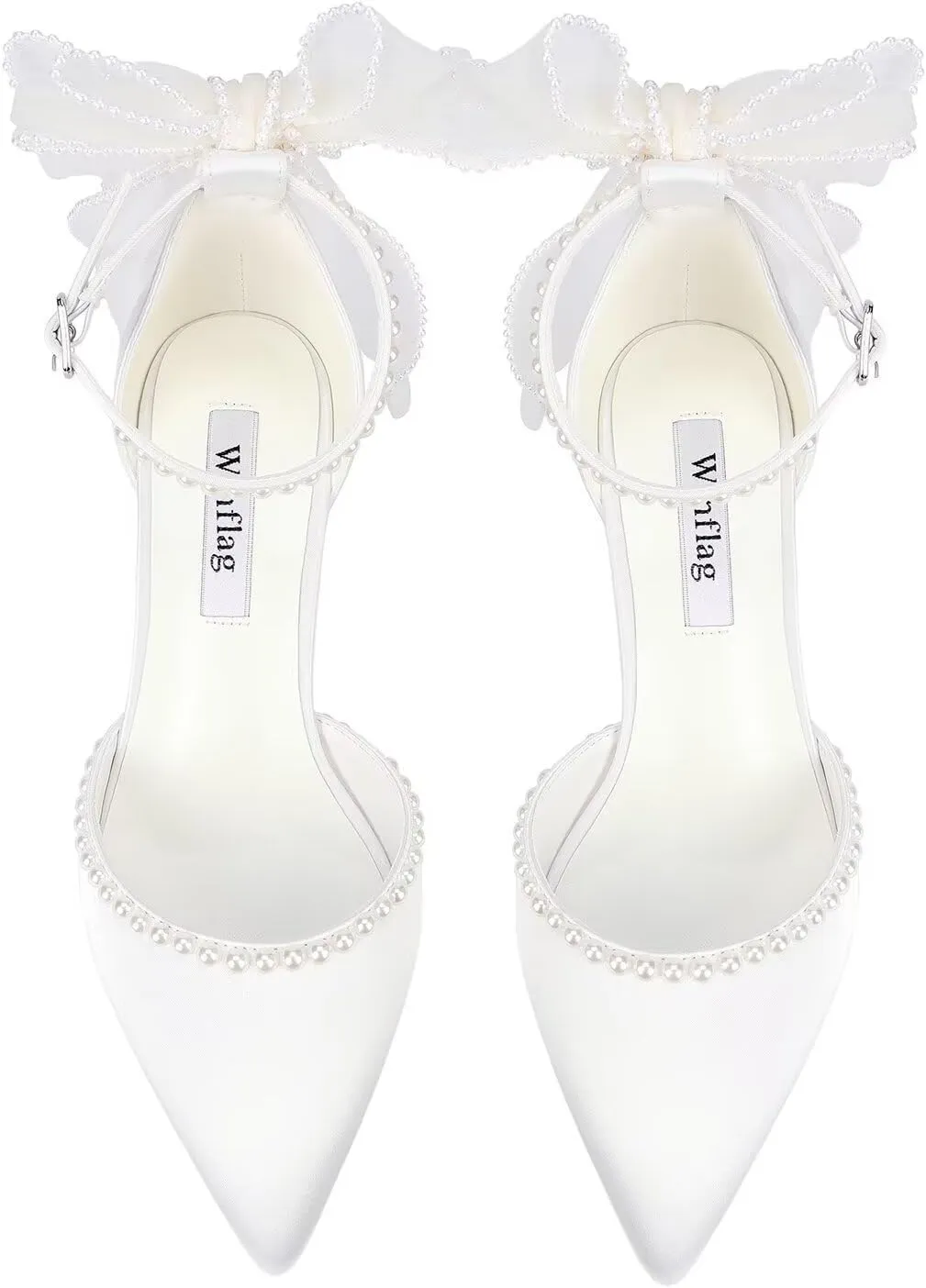 Block Heel Wedding Shoes for Bride Closed Toe Wedding Heels with Bow Pearl Bridal Shoes