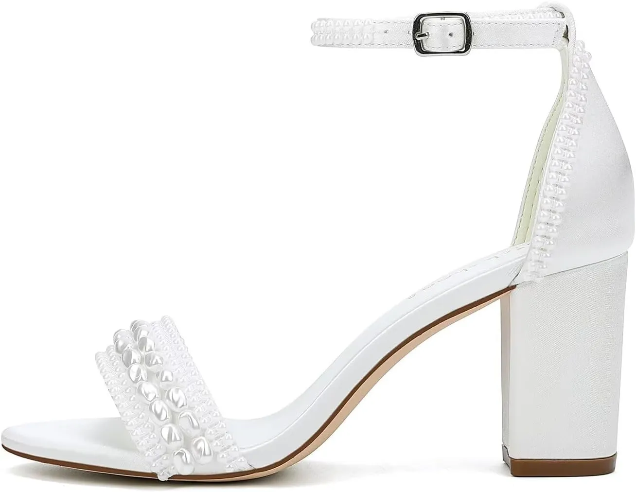 Block Heel Wedding Shoes for Bride Pearl Heels Ankle Buckle Strap Bridal Shoes