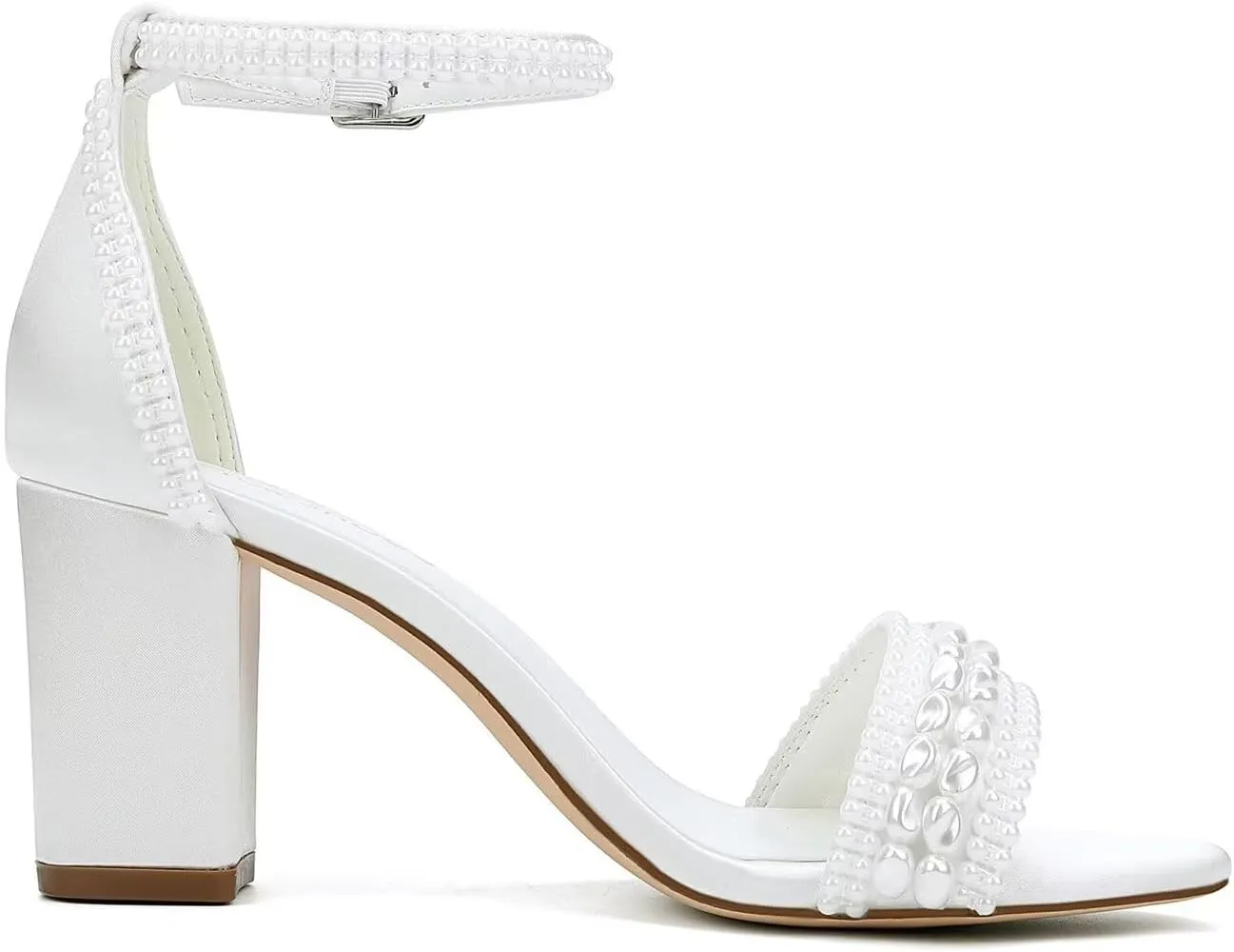 Block Heel Wedding Shoes for Bride Pearl Heels Ankle Buckle Strap Bridal Shoes