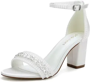 Block Heel Wedding Shoes for Bride Pearl Heels Ankle Buckle Strap Bridal Shoes