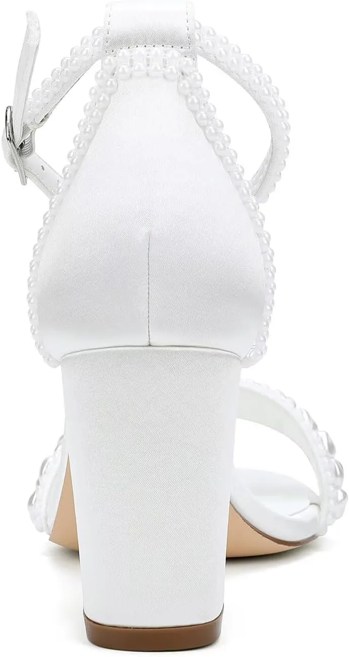 Block Heel Wedding Shoes for Bride Pearl Heels Ankle Buckle Strap Bridal Shoes