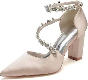 Block Heel Wedding Shoes for Bride Pointed Toe Rhinestones Strappy Bridal Heels Evening Formal Dress Shoes
