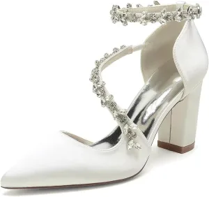 Block Heel Wedding Shoes for Bride Pointed Toe Rhinestones Strappy Bridal Heels Evening Formal Dress Shoes