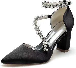 Block Heel Wedding Shoes for Bride Pointed Toe Rhinestones Strappy Bridal Heels Evening Formal Dress Shoes