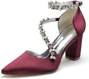 Block Heel Wedding Shoes for Bride Pointed Toe Rhinestones Strappy Bridal Heels Evening Formal Dress Shoes