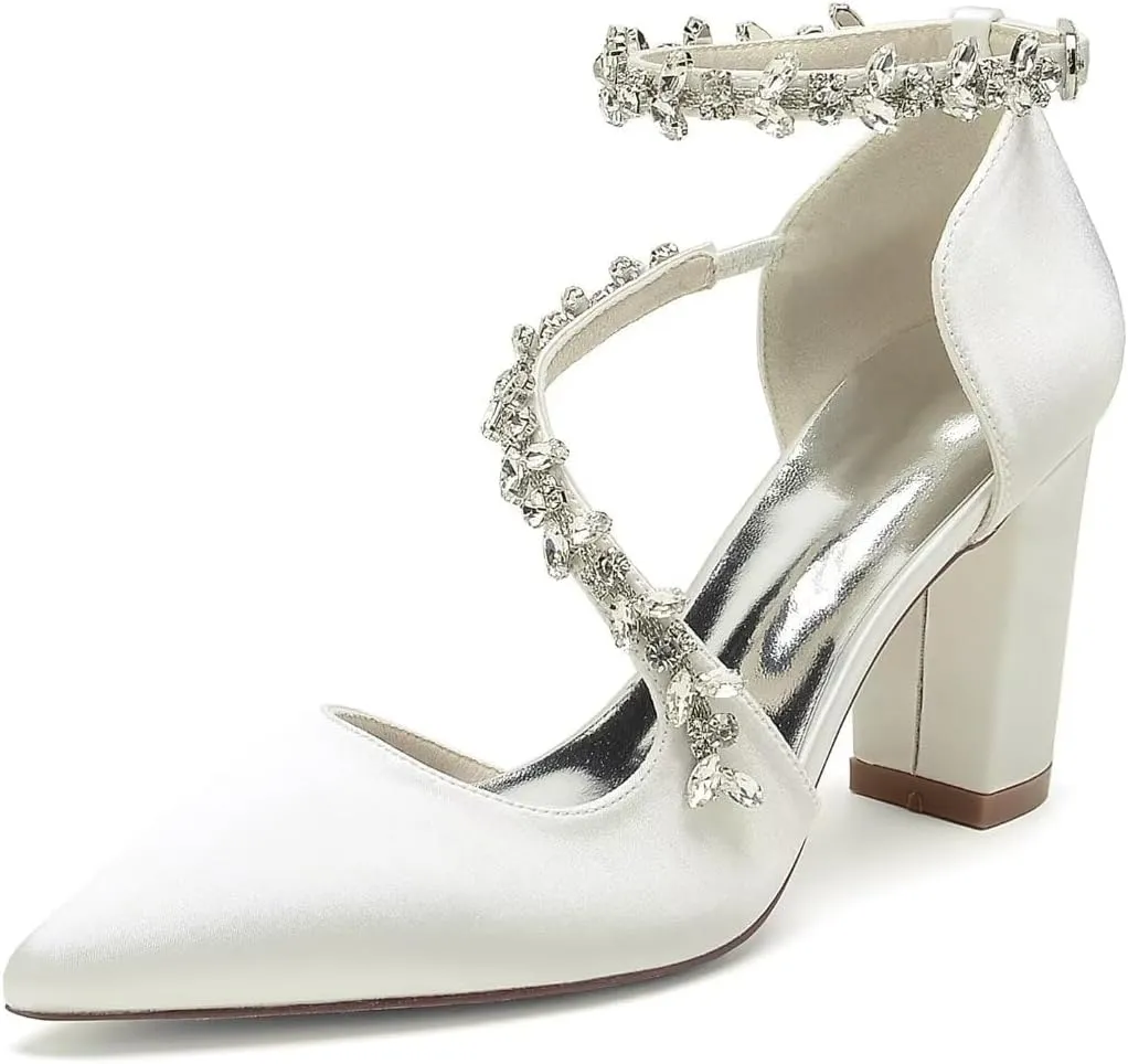 Block Heel Wedding Shoes for Bride Pointed Toe Rhinestones Strappy Bridal Heels Evening Formal Dress Shoes