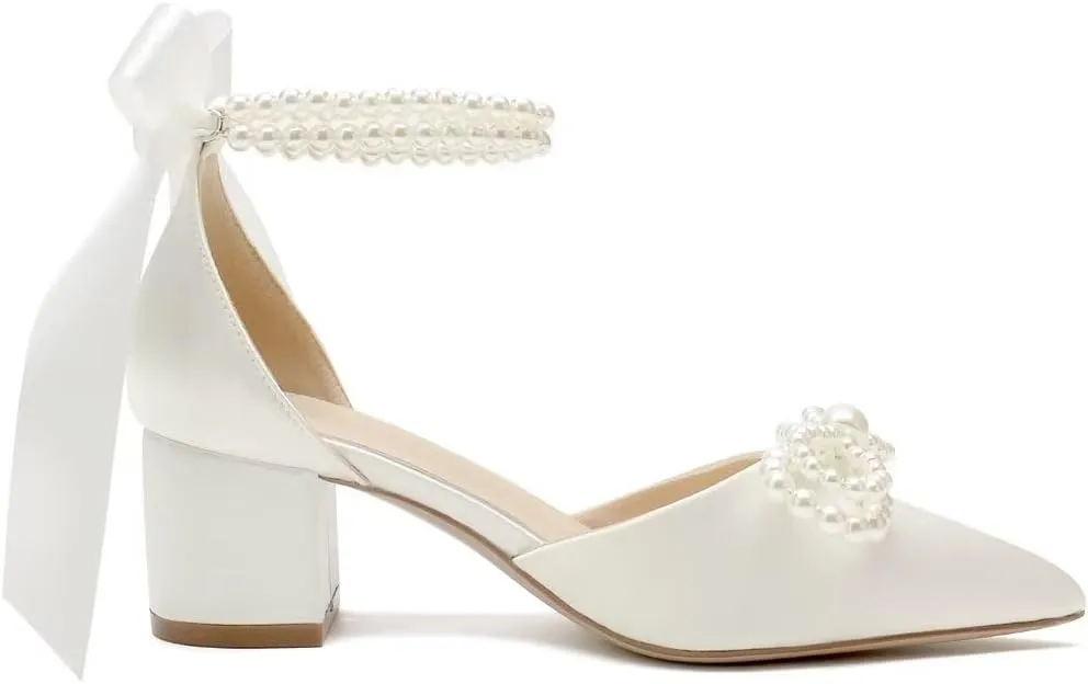 Block Heel Wedding Shoes for Bride Satin Pearl Bridal Heels Closed Toe Wedding Heels