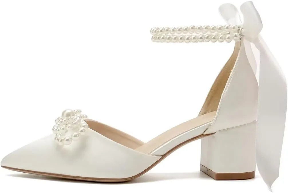 Block Heel Wedding Shoes for Bride Satin Pearl Bridal Heels Closed Toe Wedding Heels