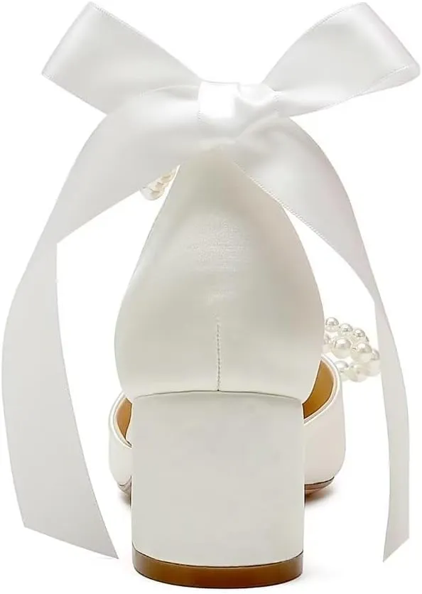 Block Heel Wedding Shoes for Bride Satin Pearl Bridal Heels Closed Toe Wedding Heels