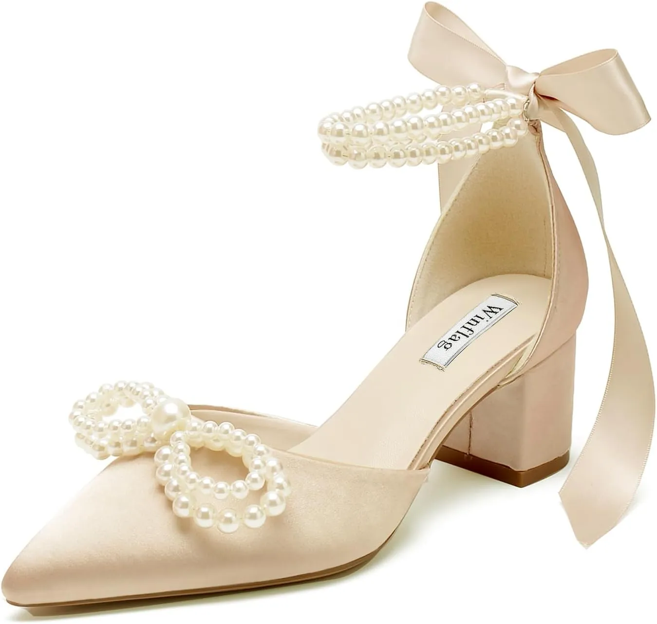Block Heel Wedding Shoes for Bride Satin Pearl Bridal Heels Closed Toe Wedding Heels