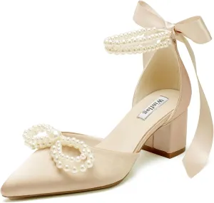 Block Heel Wedding Shoes for Bride Satin Pearl Bridal Heels Closed Toe Wedding Heels