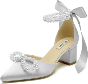 Block Heel Wedding Shoes for Bride Satin Pearl Bridal Heels Closed Toe Wedding Heels